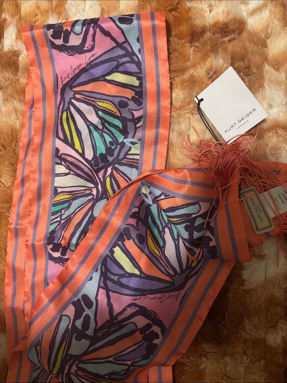 Kurt Geiger Coral and Multicolor Butterfly Silk Scarf